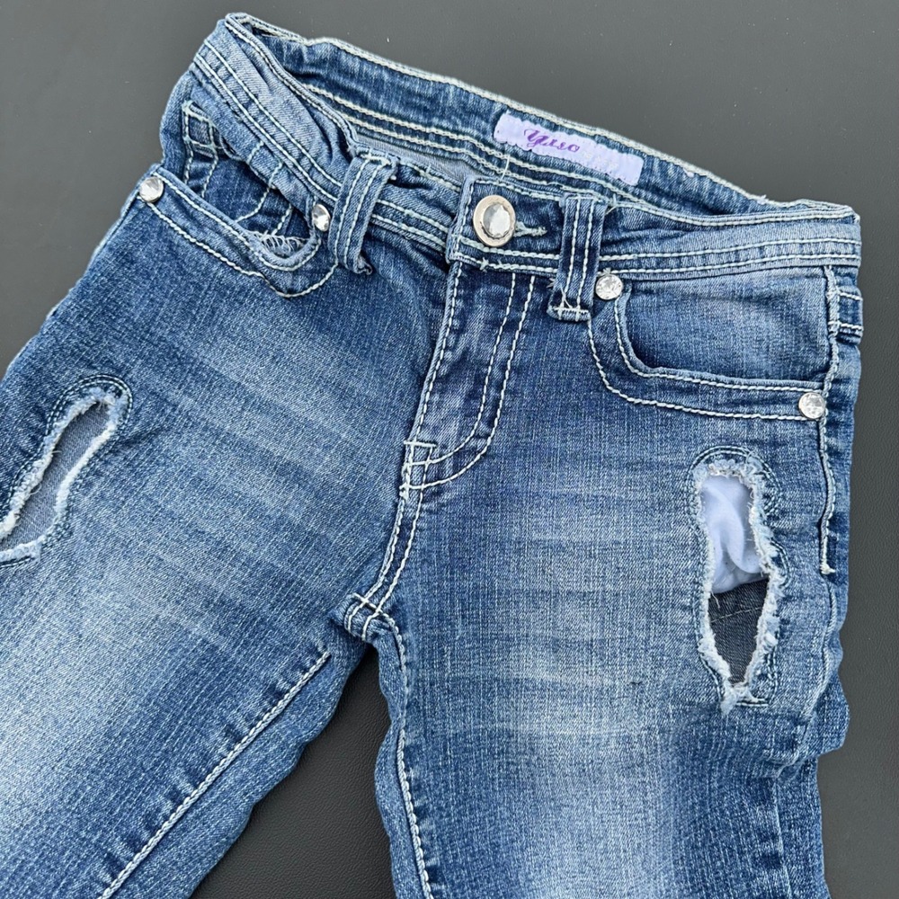 Yaso Skinny Jeans Girls Size 10 Blue Distressed Rhinestone‎ Embellished